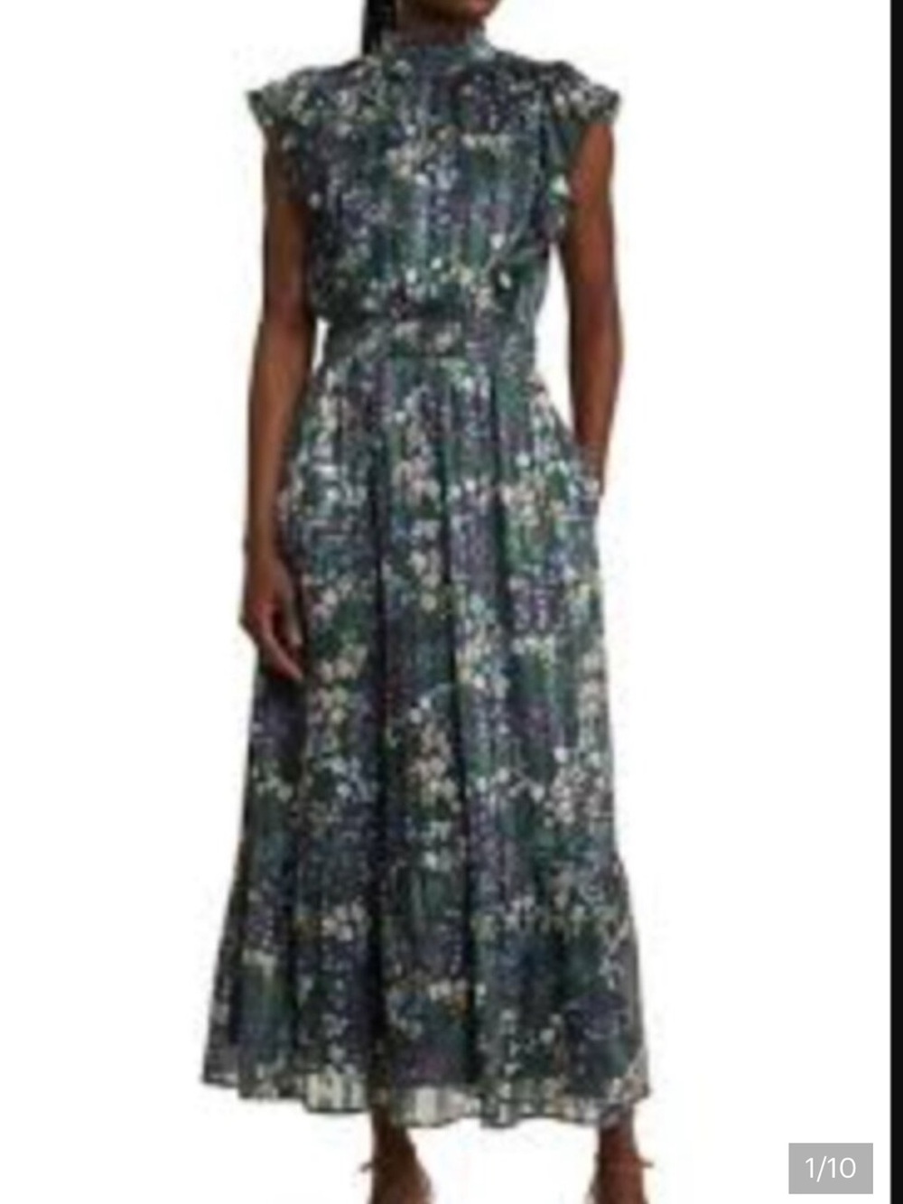 NWT Lost + Wander Dark Green Smocked High Neck Floral Ruffle Midi Dress Sz M
